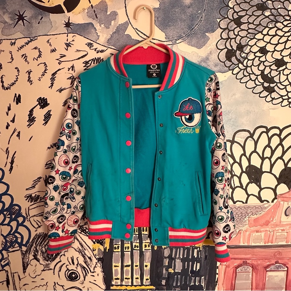 HappyTee unique graphic pink and blue eyeball letterman jacket